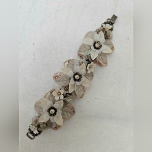 Y2K VTG Handmade Beaded Colleen Toland Signed Victorian Floral Cuff Bracelet 7.5